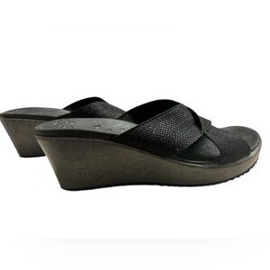Skechers Cali Cork Wedge Black Comfort Slide Sandals- Vegan